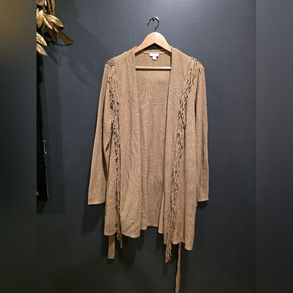 J. Jill Fringe Cardigan Women Size M Open Front Sweater Tan Belted Wrap - Picture 1 of 8